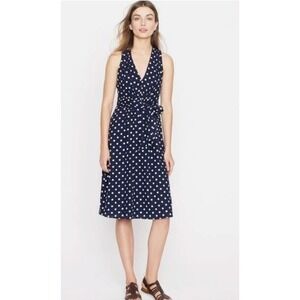 J. Crew Dress Womens Size 2 Navy Blue White Polka Dot Elinor V‎ Neck Midi Tie
